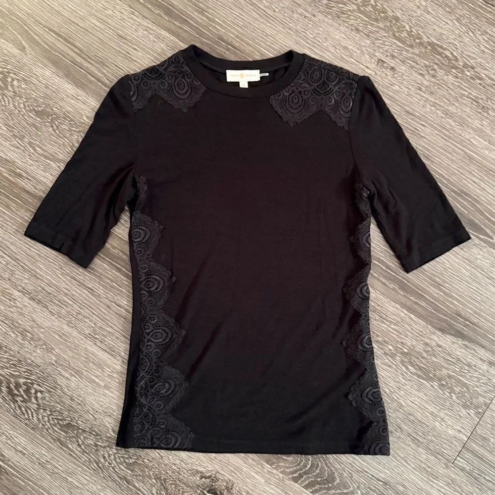 Tory Burch Black Lace Detail Short Sleeve Top